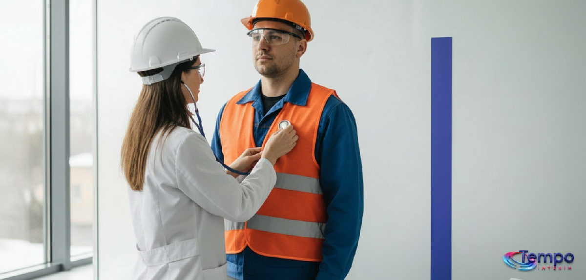 organiser visite médicale intérimaire roumain - Médecin examinant un ouvrier roumain dans un cabinet médical.