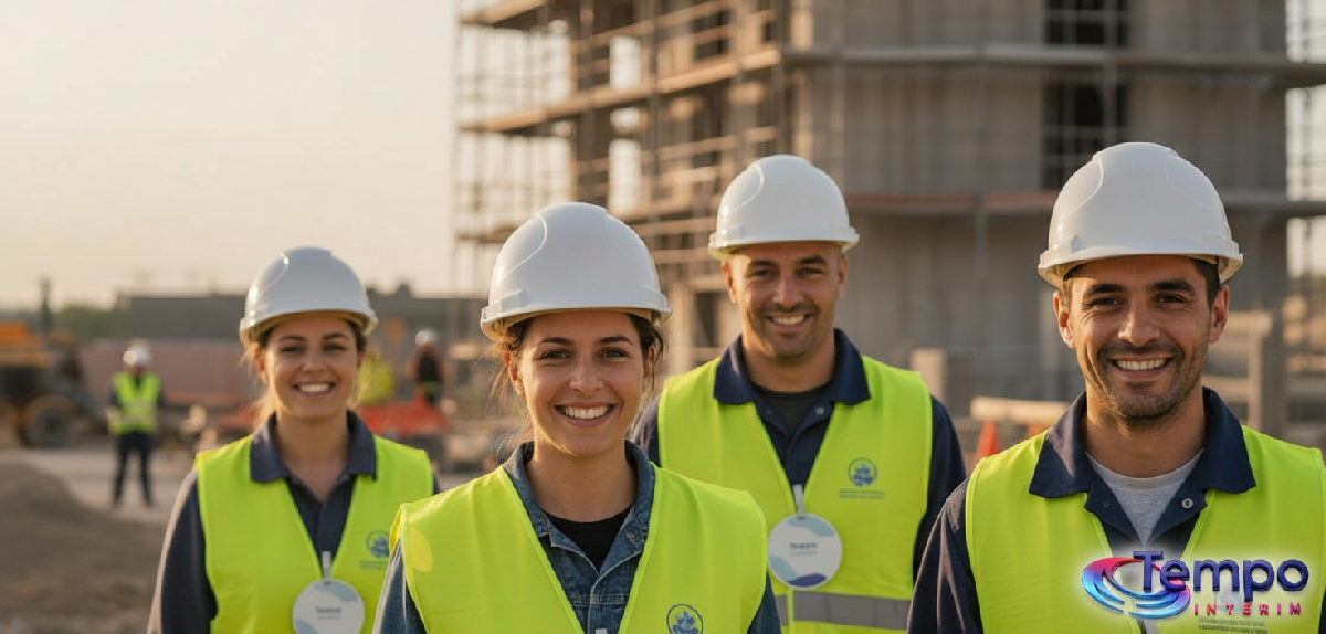 Travailleurs roumains souriants sur un chantier avec badges de conformité.