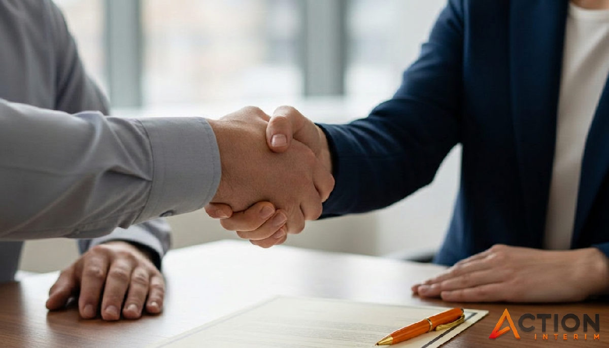 Poignée de main sur un contrat, symbole de partenariat de recrutement fiable.