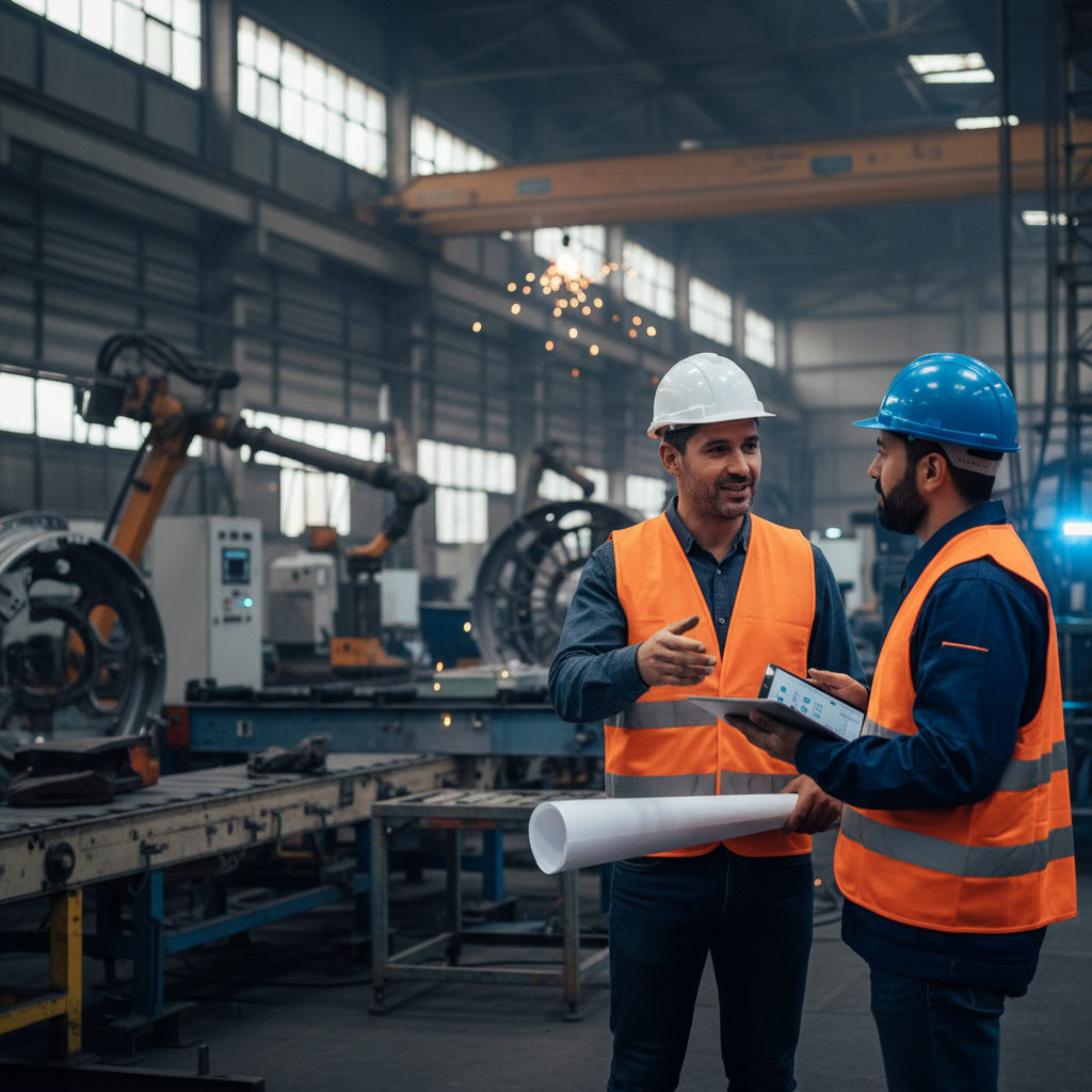expertise linguistique culturelle recrutement international – Un chef de chantier français discutant avec un technicien rouma