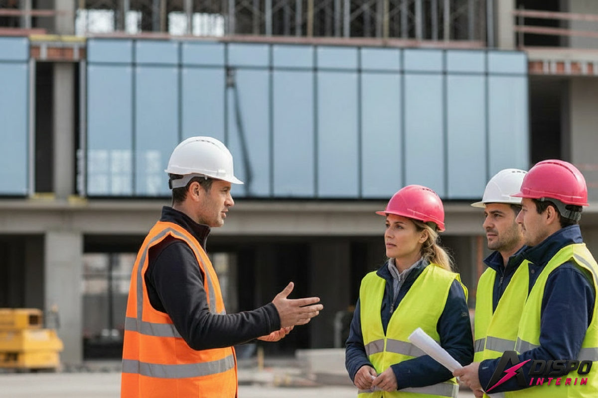 comment la mise à disposition de personnel - Chef de chantier français et ouvriers sur un site moderne.