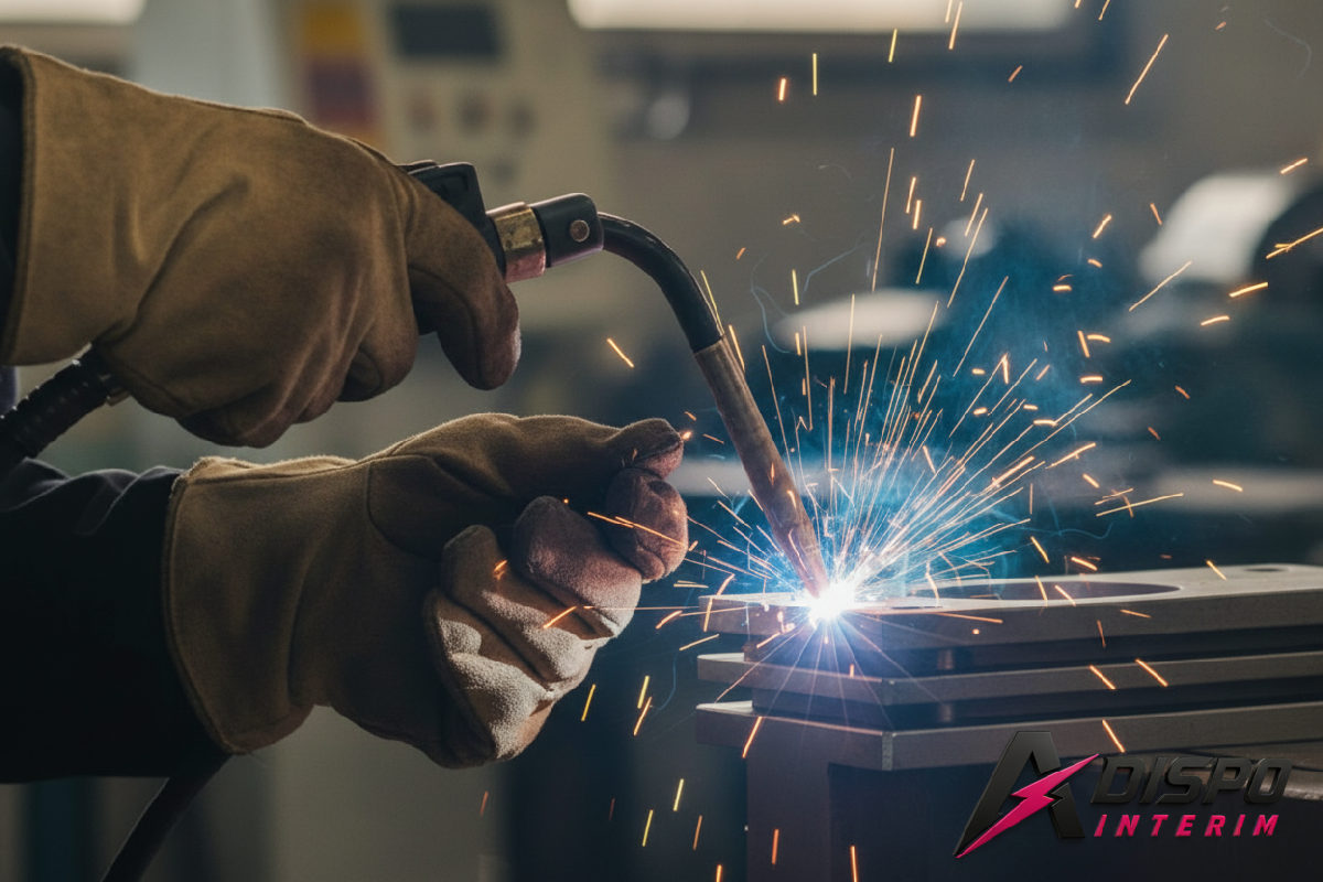 Mains d'un soudeur qualifié sur une pièce industrielle.