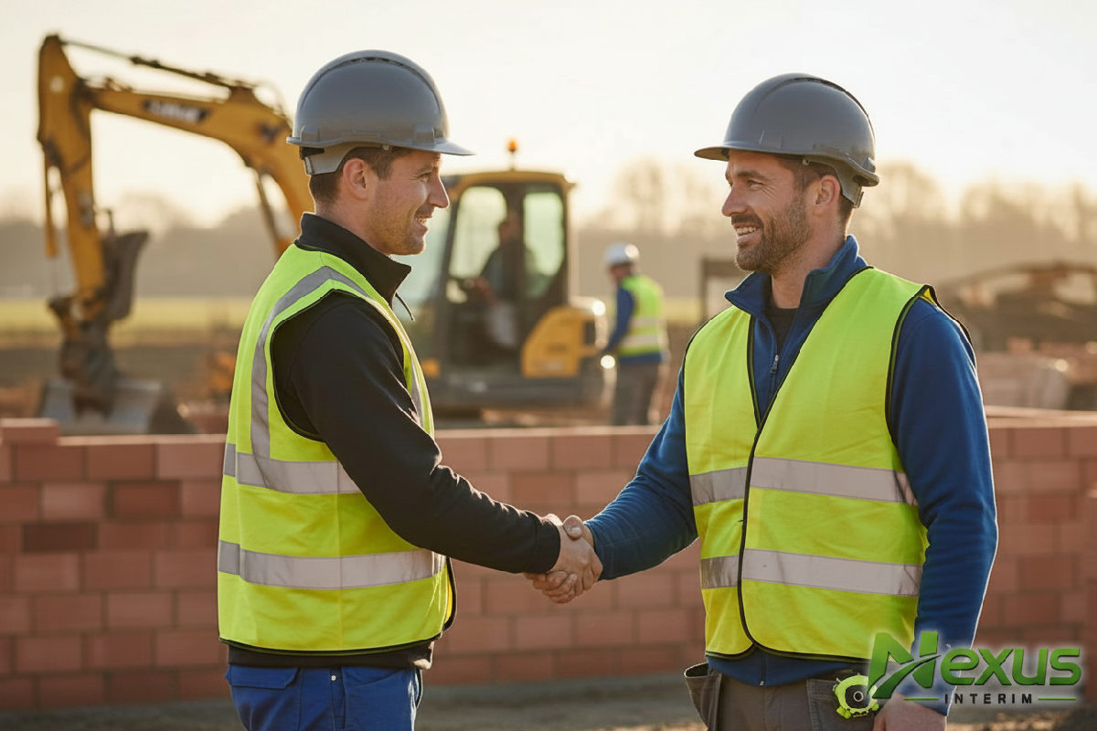 Manager et maçon intérimaire souriant se serrent la main sur un chantier.