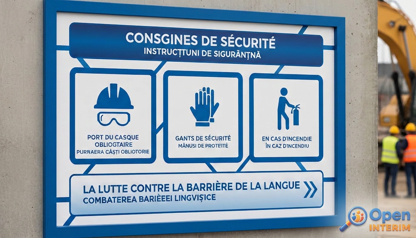Tableau de bord de chantier avec consignes en français et roumain.