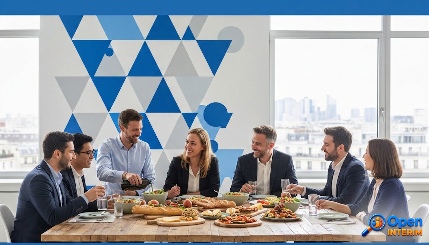 Équipe multiculturelle partageant un repas convivial à la pause déjeuner.