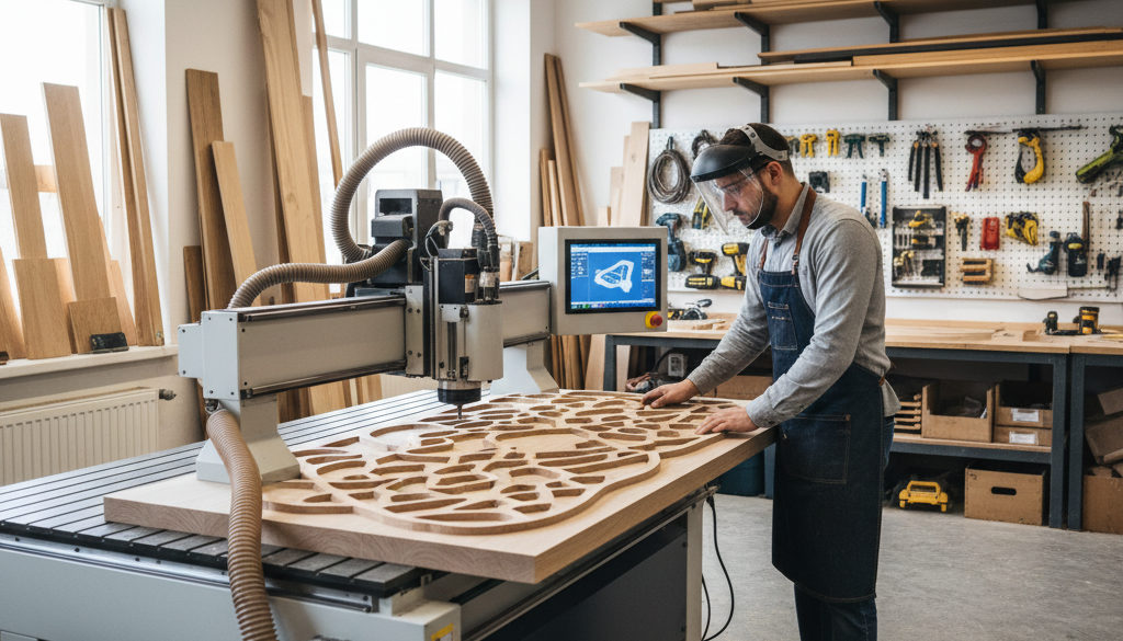 qualification menuisier roumain – Menuisier roumain travaillant sur une machine CNC moderne.