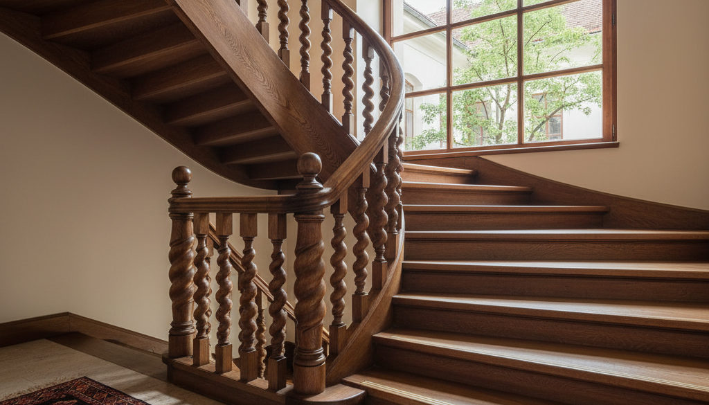 Détail architectural d'un escalier en bois haut de gamme.