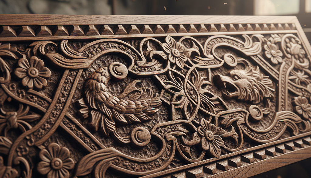 Gros plan d'une sculpture sur bois traditionnelle roumaine.