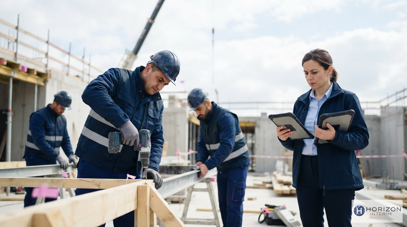 Un responsable vérifiant la conformité d'ouvriers roumains sur un chantier moderne.