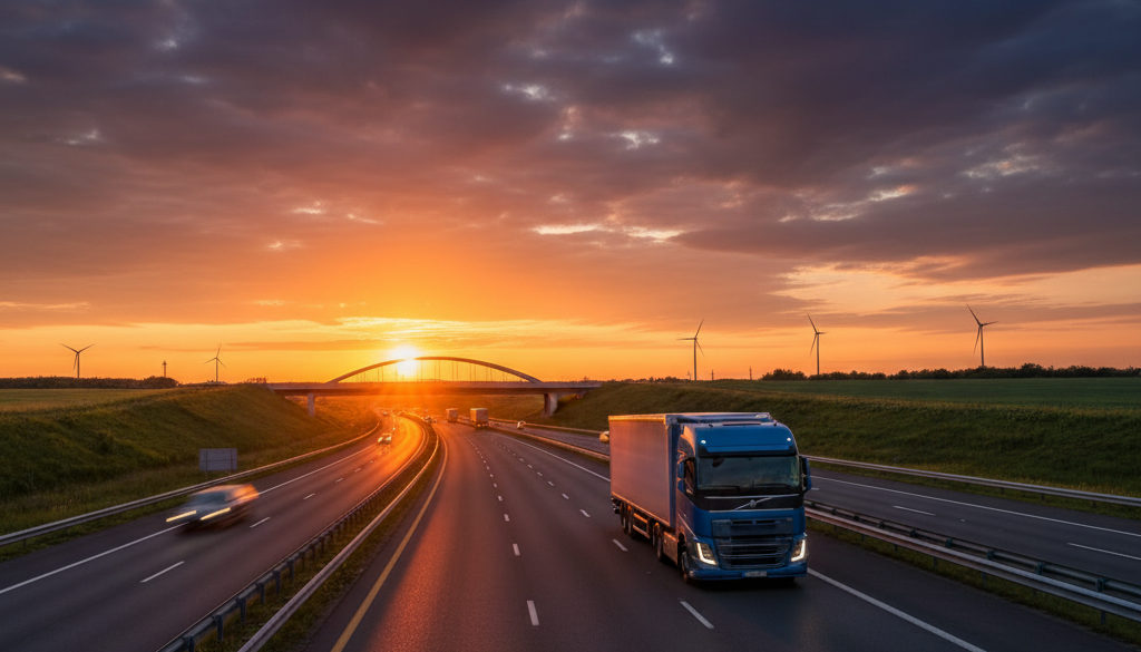 chauffeurs routiers roumains logistique – Camion sur autoroute européenne au coucher du soleil, transport international.