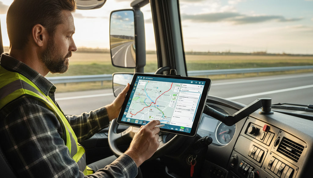 Chauffeur de camion utilisant une tablette dans sa cabine pour la logistique.