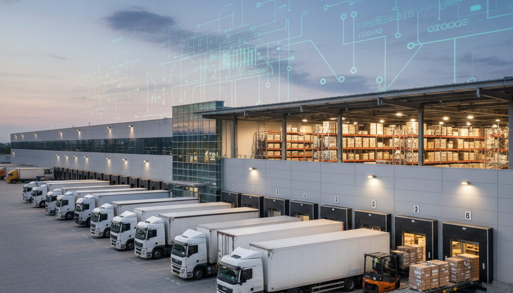 Entrepôt logistique moderne avec camions à quai, coordination transport et stockage.