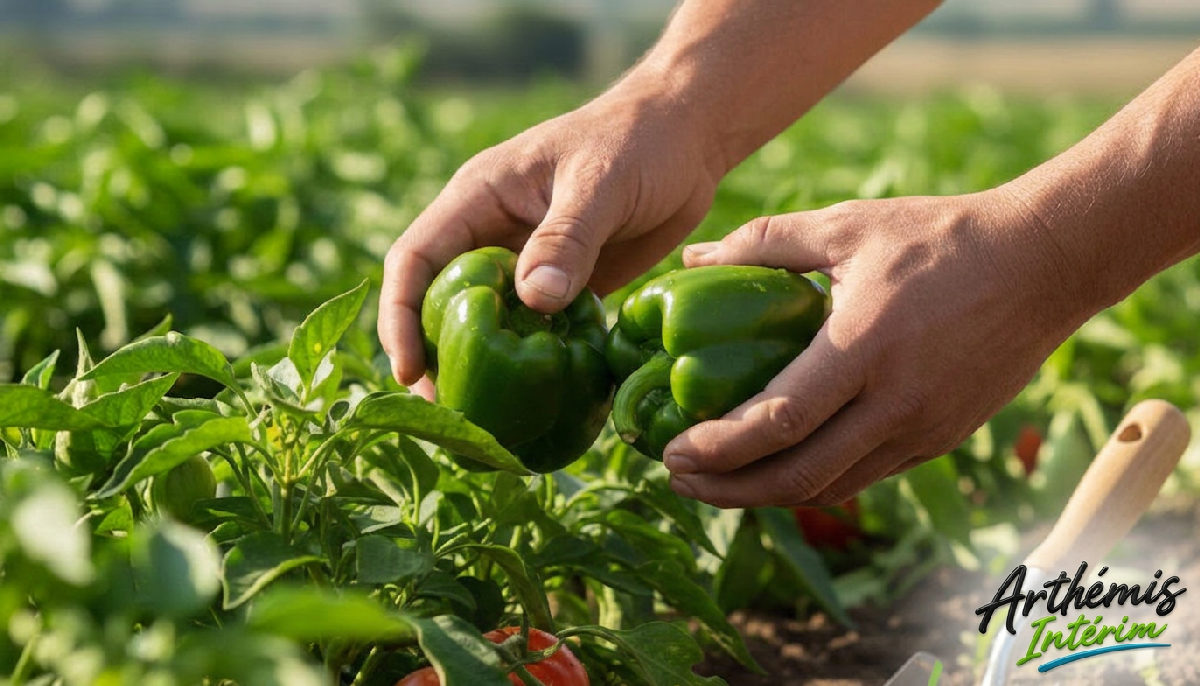 Mains d'un travailleur cueillant des légumes frais avec précision.