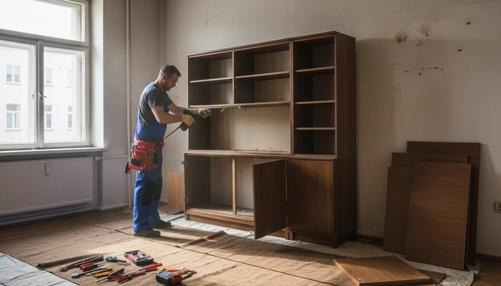 Pracownik demontuje meblościankę, zabezpieczając podłogę.