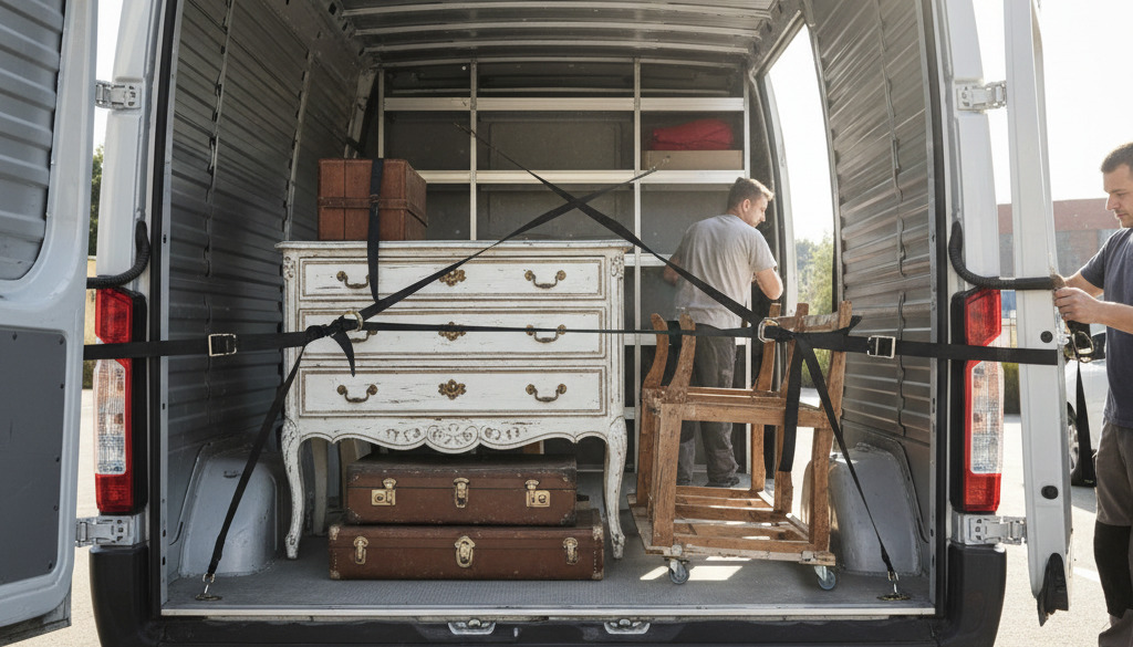 Stare meble ładowane do nowoczesnego vana transportowego.