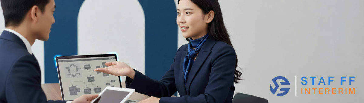 Un recruteur en entretien technique avec un candidat pour une agence d'intérim.