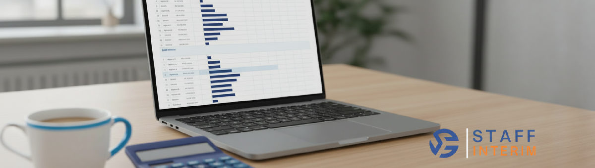Tableau financier comparatif sur un écran d'ordinateur avec calculatrice et tasse.