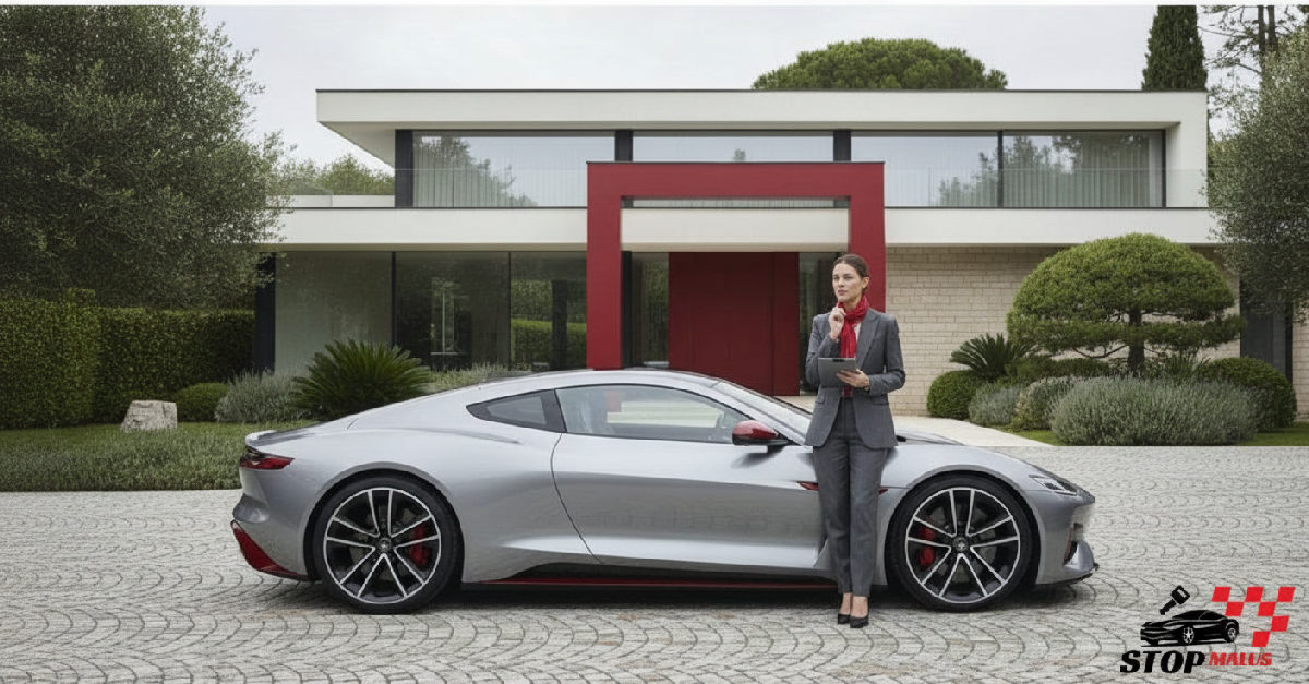 malus voiture électrique importée comment réduire - Voiture de sport luxueuse devant une villa française.