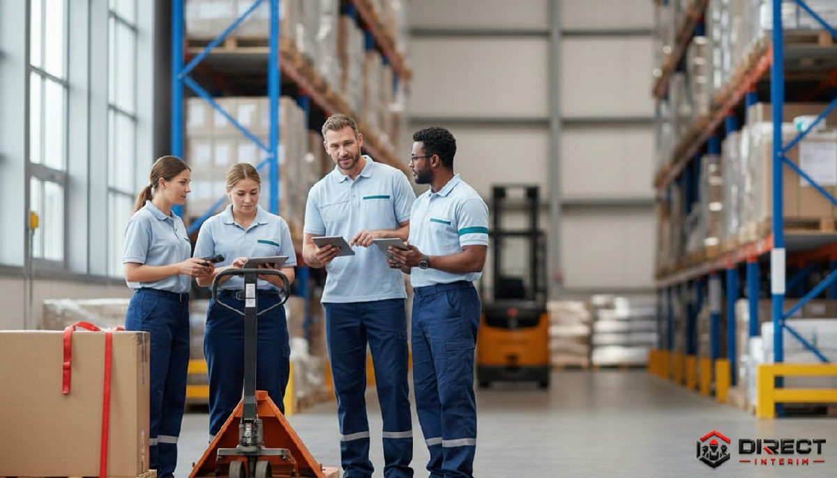 Travailleurs de la logistique dans un entrepôt moderne.