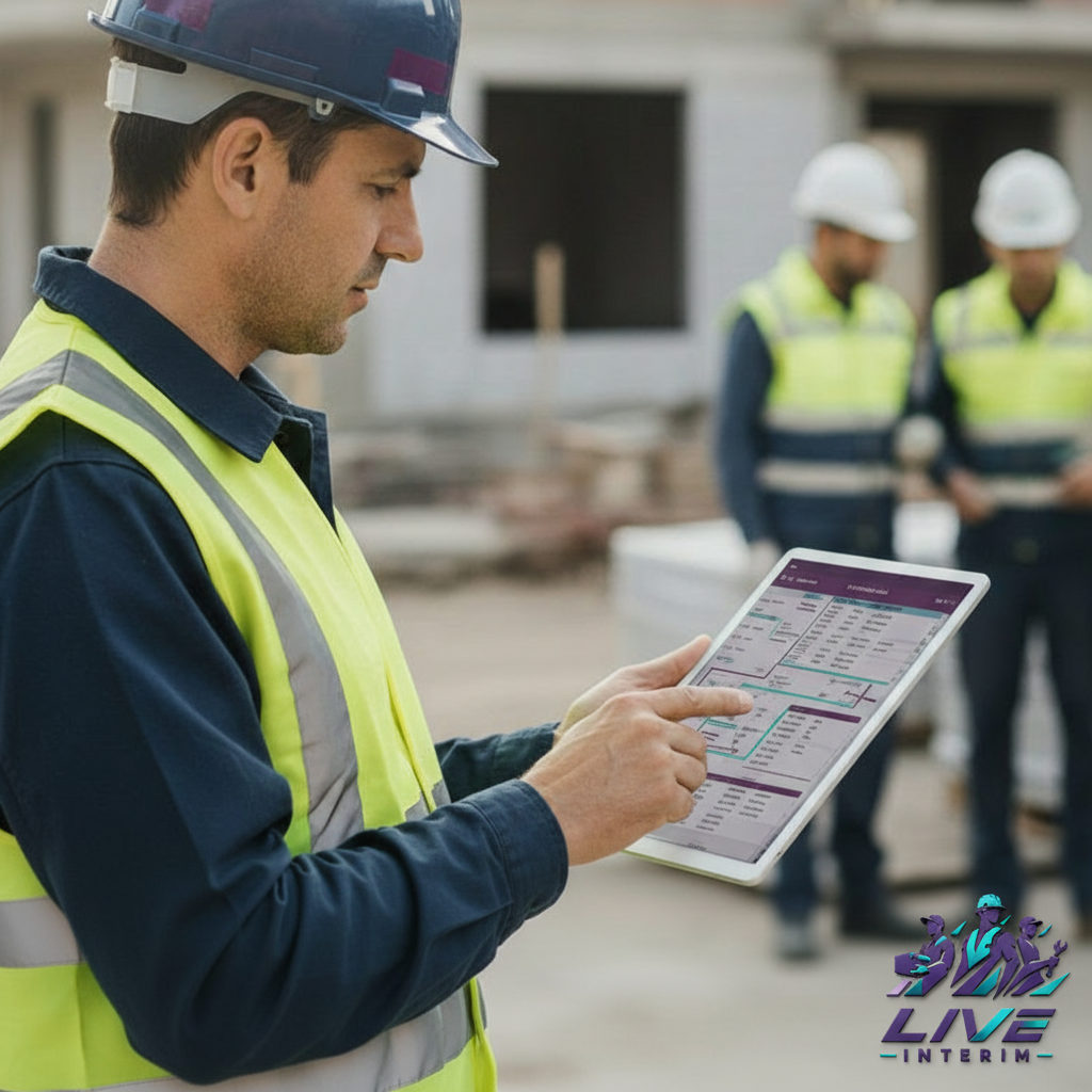 Gestionnaire de chantier vérifiant le planning de transport des ouvriers roumains.