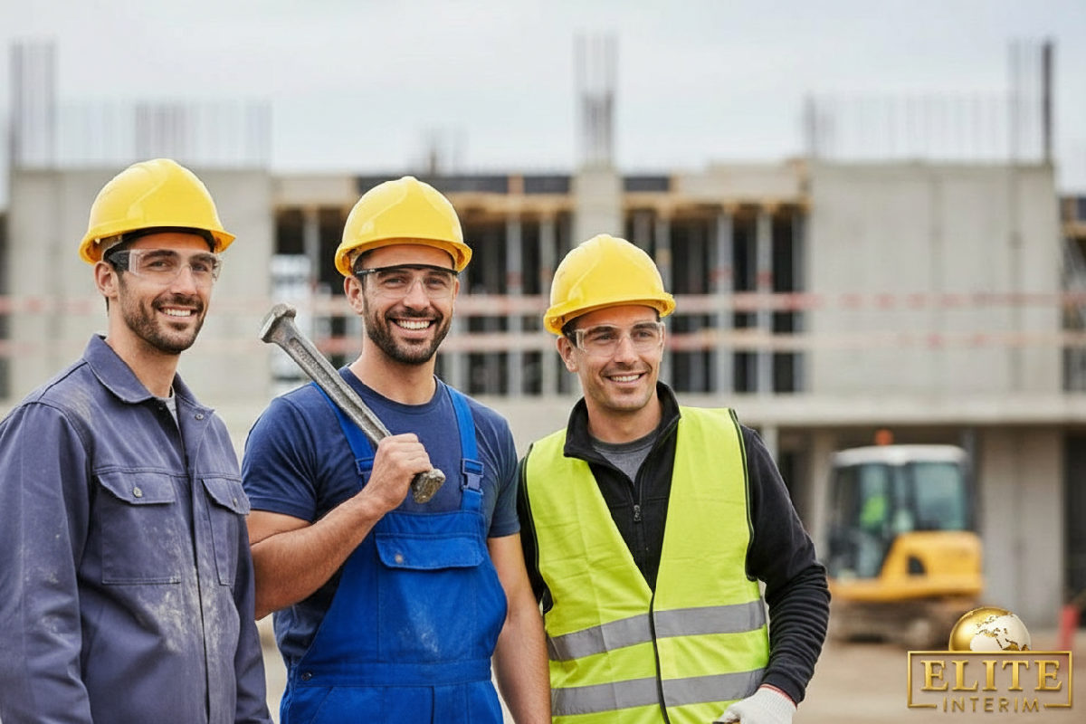 Équipe diversifiée de travailleurs BTP souriant sur chantier.