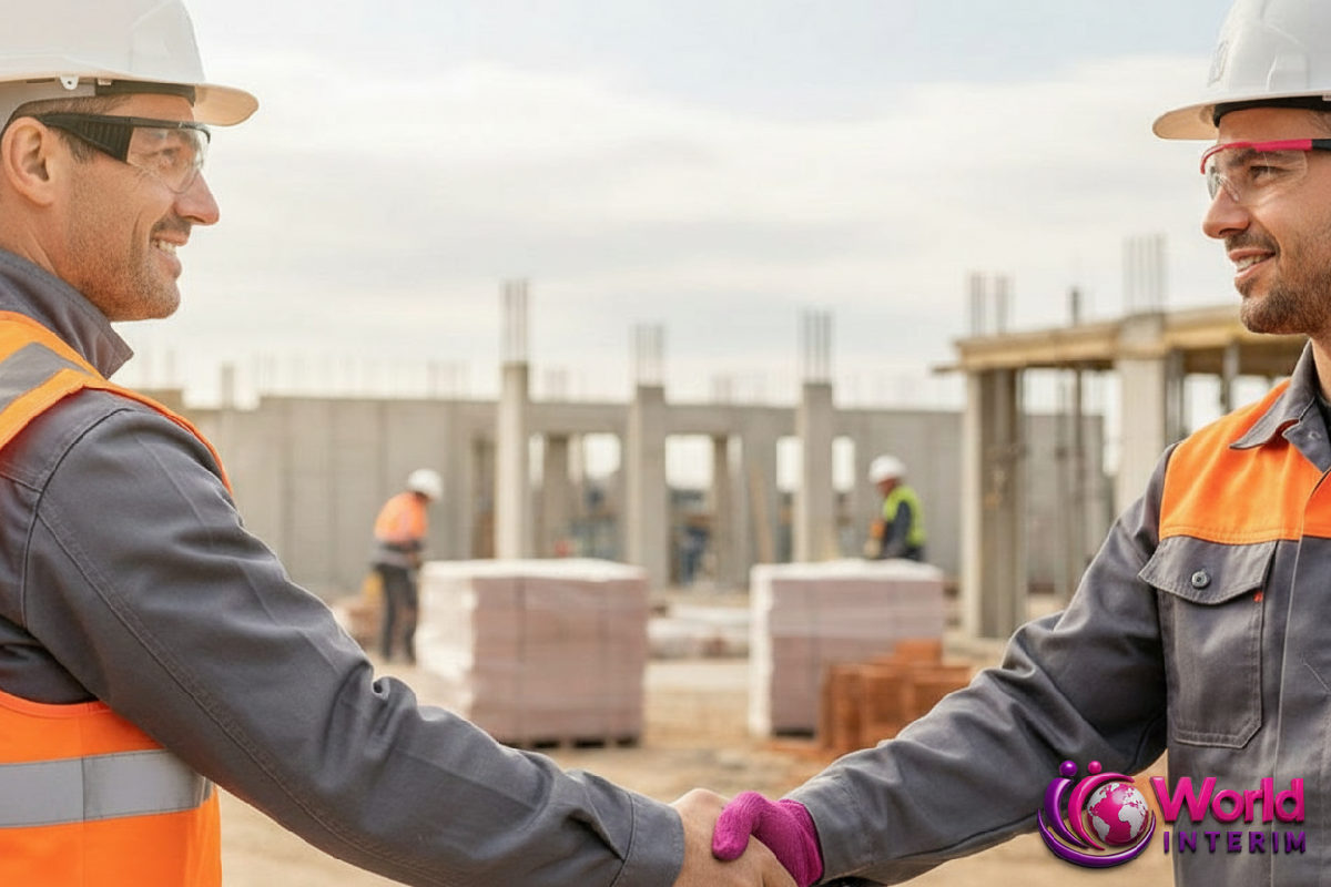 Poignée de main entre un chef de chantier français et un maçon roumain.
