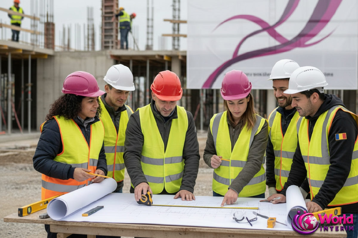 Ouvriers français et roumains collaborant sur un chantier en France.