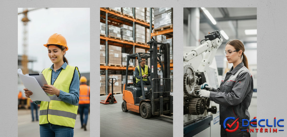 Travailleurs intérimaires roumains prospérant dans le BTP, la logistique et l'industrie.