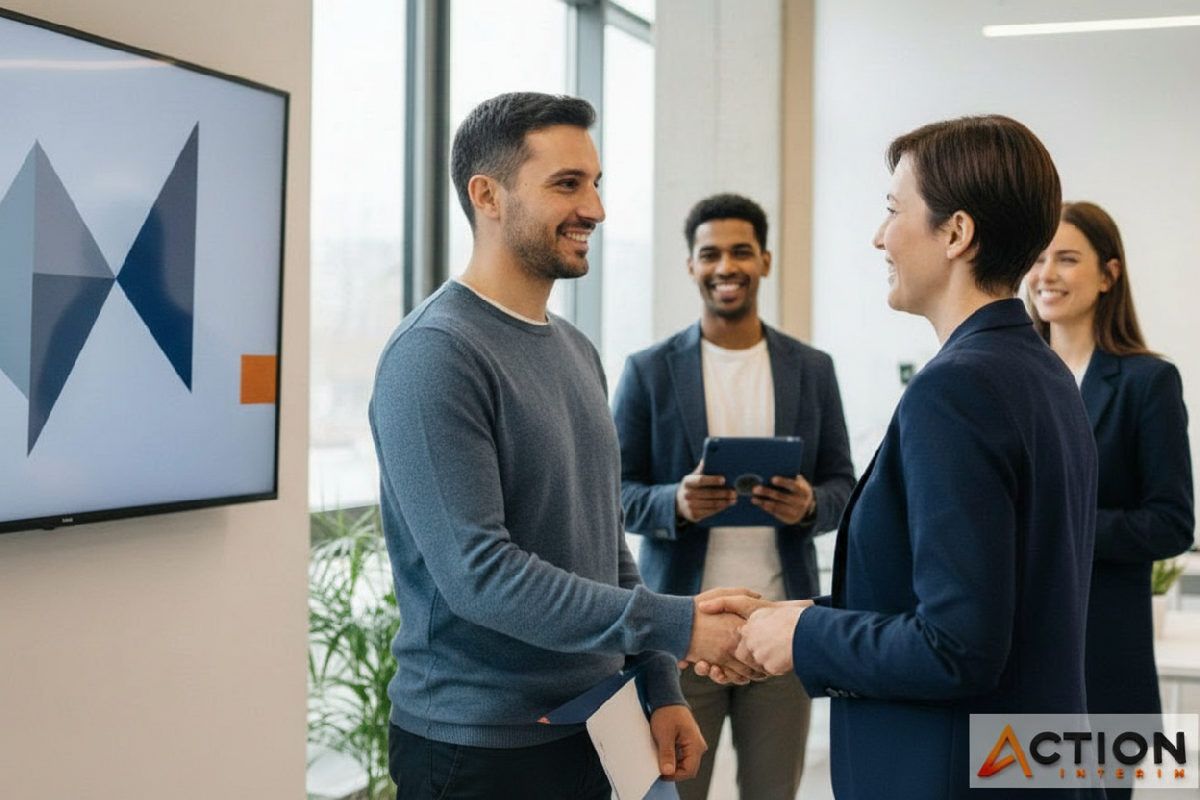 Une main tendue pour serrer une main dans un environnement professionnel.
