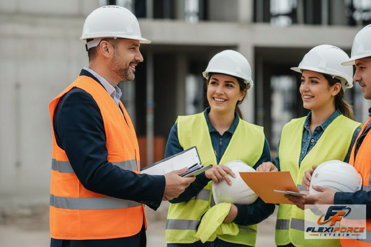 Responsable accueillant des intérimaires roumains sur un chantier.