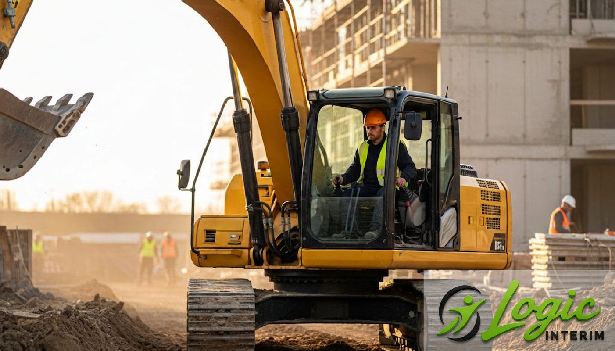 recrutement conducteurs engins roumains BTP - Conducteur roumain maniant une pelle mécanique sur un chantier BTP.