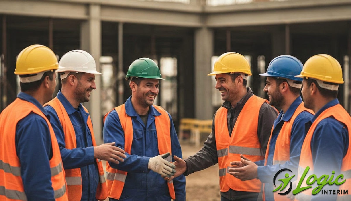 Travailleurs du BTP roumains et français échangeant sur un chantier.