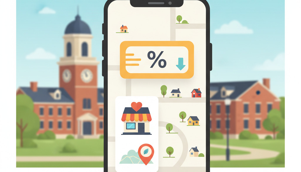 A conceptual illustration of a smartphone screen showing a highly personalized, neighborhood-specific discount notification with a local landmark in the background.