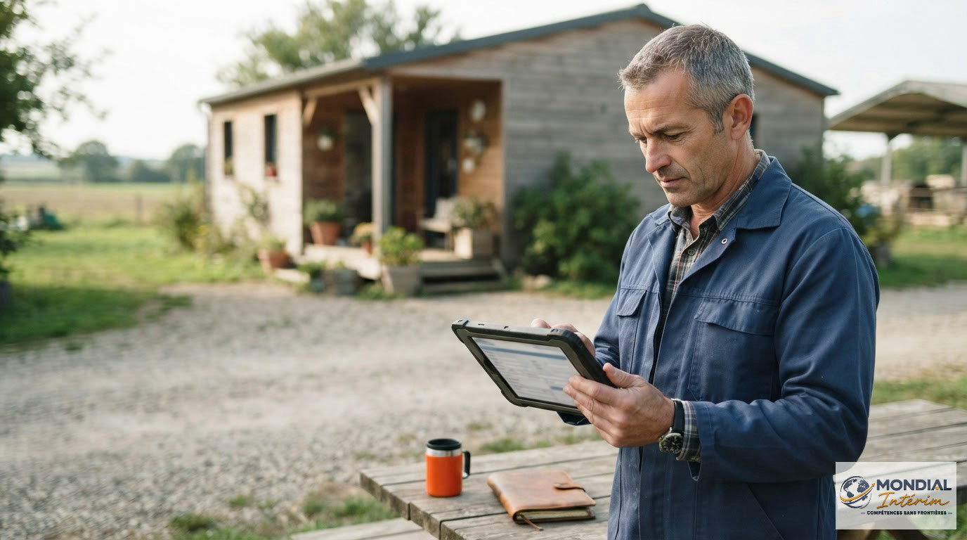 Un agriculteur vérifie les documents administratifs devant un logement saisonnier.