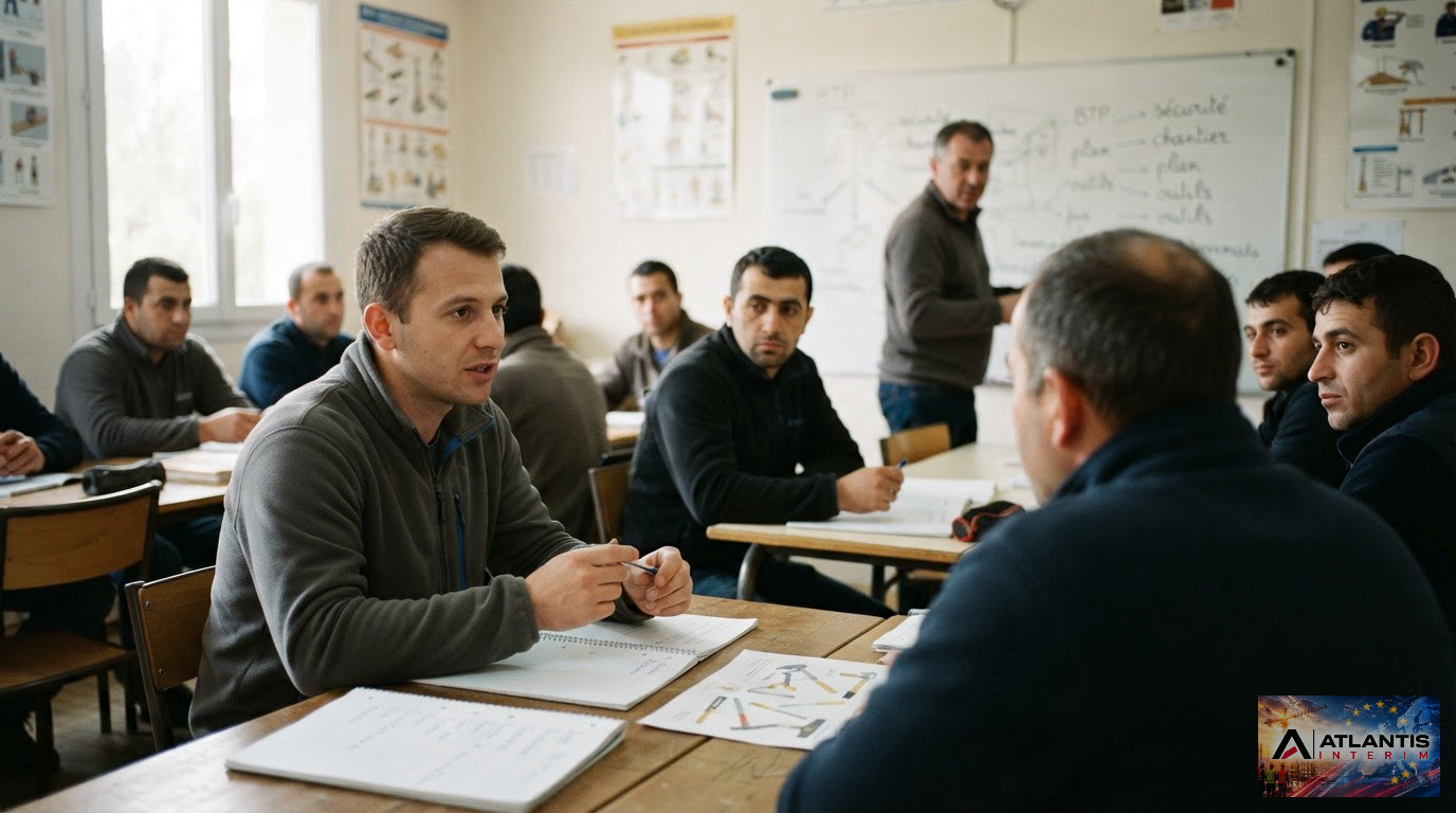 Des travailleurs roumains en formation de français technique pour le secteur du BTP.