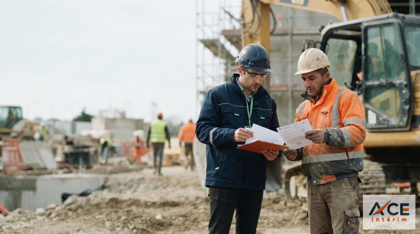 Un contrôleur vérifiant les documents légaux d'un conducteur sur un chantier.