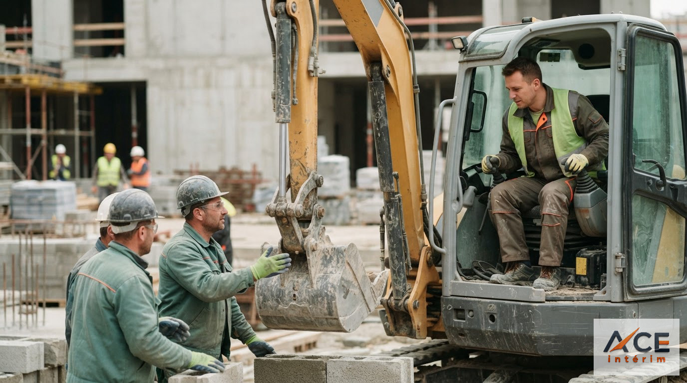 Schéma montrant la coordination entre un conducteur d'engins et des maçons.