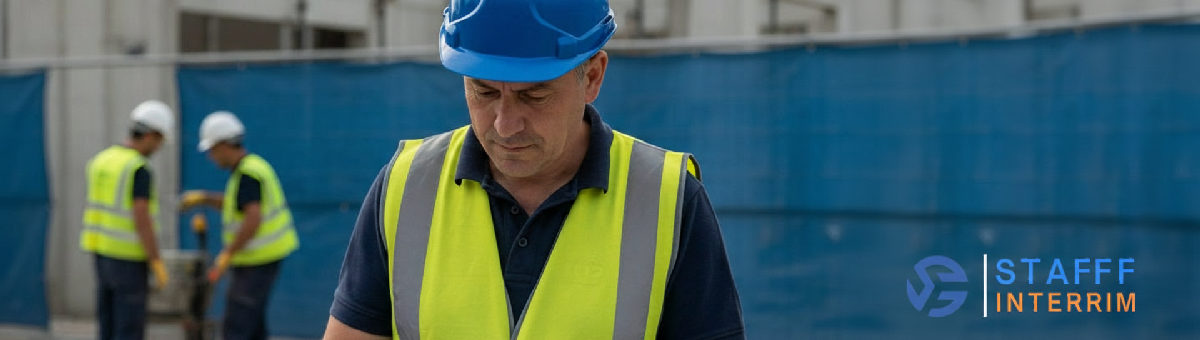 Inspecteur du travail vérifiant des documents sur un chantier français.