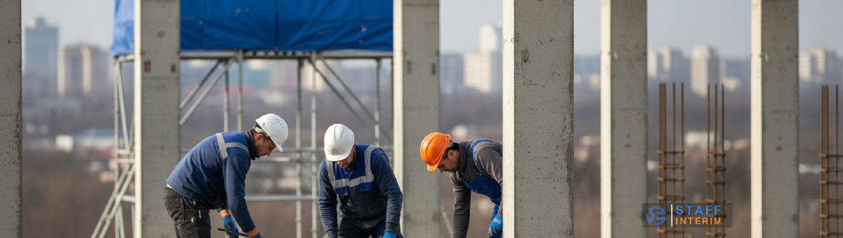 Ouvriers roumains qualifiés travaillant sur une structure en béton.