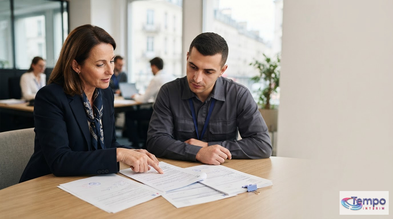Un responsable RH français vérifiant les documents administratifs de conformité d'un intérimaire.