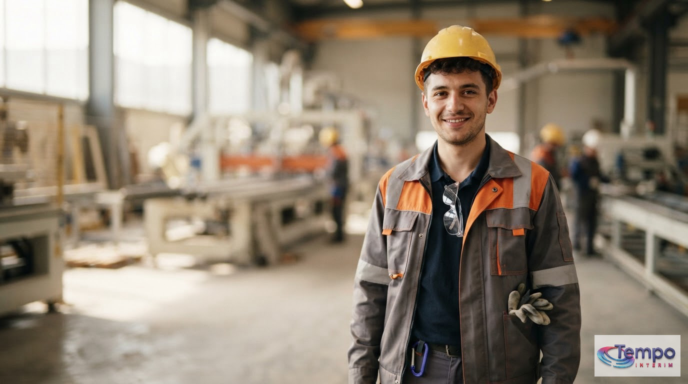 Un intérimaire roumain souriant portant ses équipements de protection sur un site moderne.