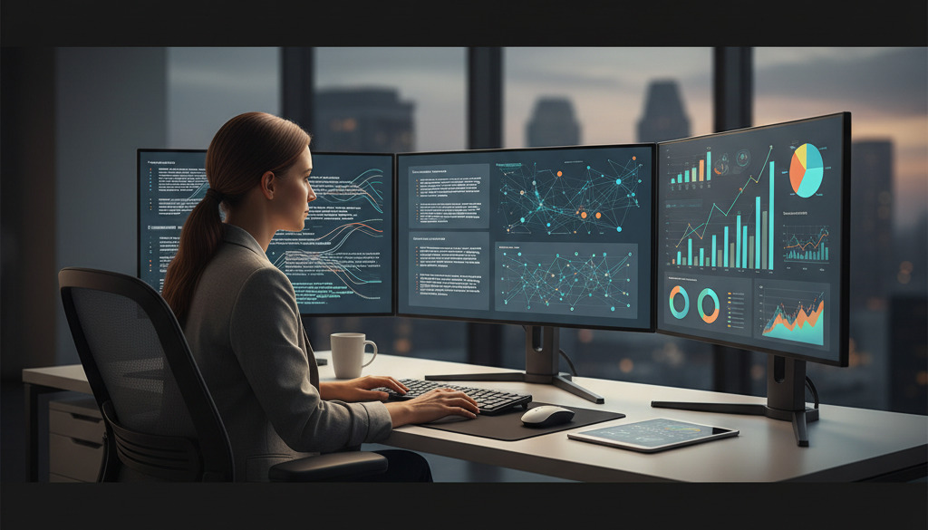 Marketingový specialista analyzuje obsah generovaný AI s daty o výkonu.