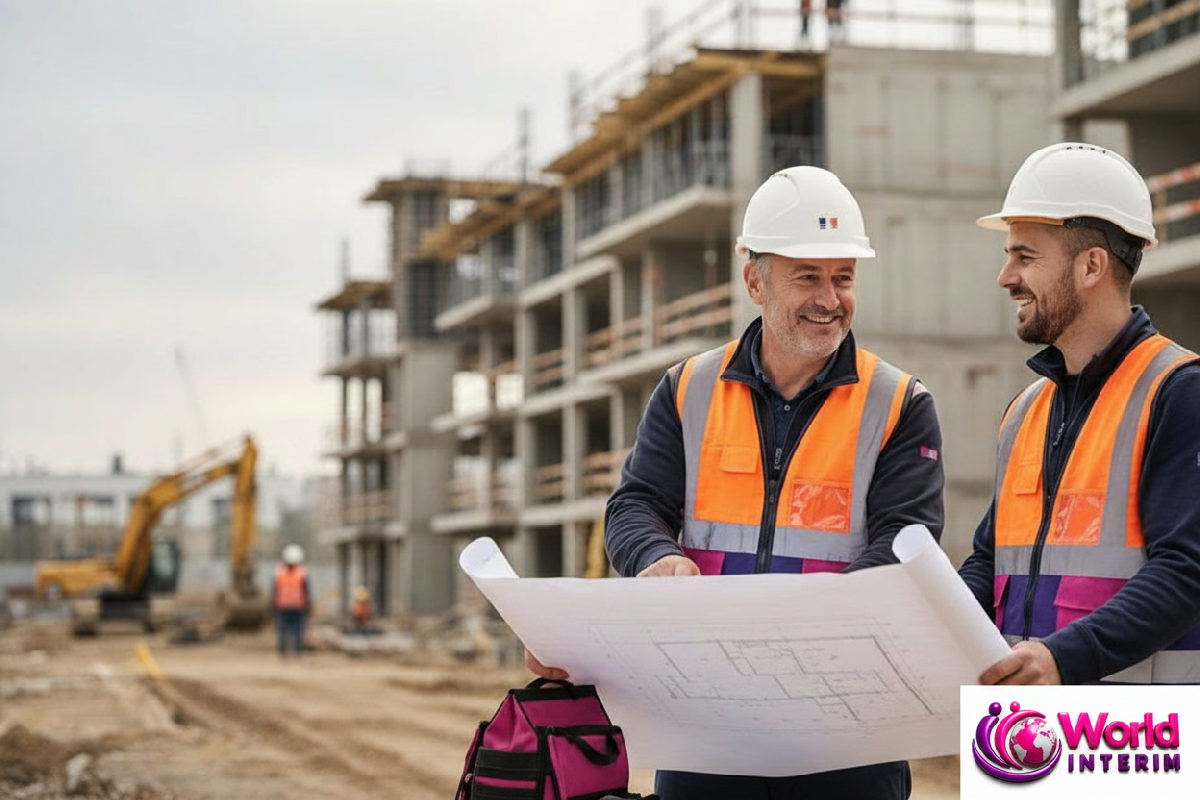 Chef de chantier français et ouvrier roumain devant un plan.