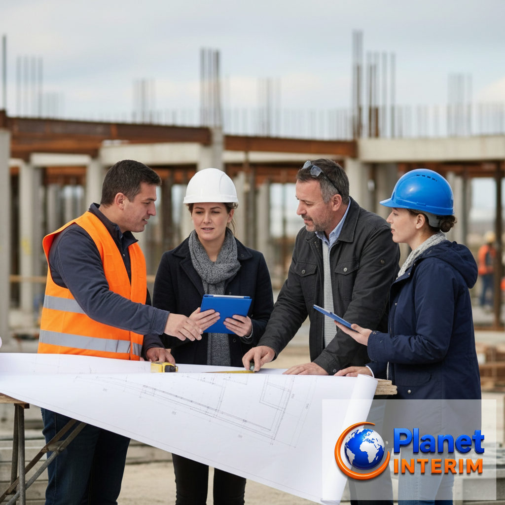 Travailleurs roumains et français discutant d'un plan sur un chantier.