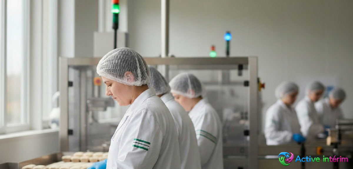 Travailleurs en tenue d'agroalimentaire dans une usine moderne et efficace.