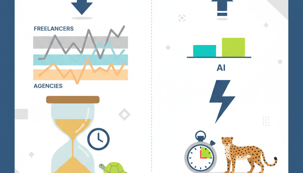 Infografika: Tradicionālās vs. AI satura izmaksas un ātruma salīdzinājums.