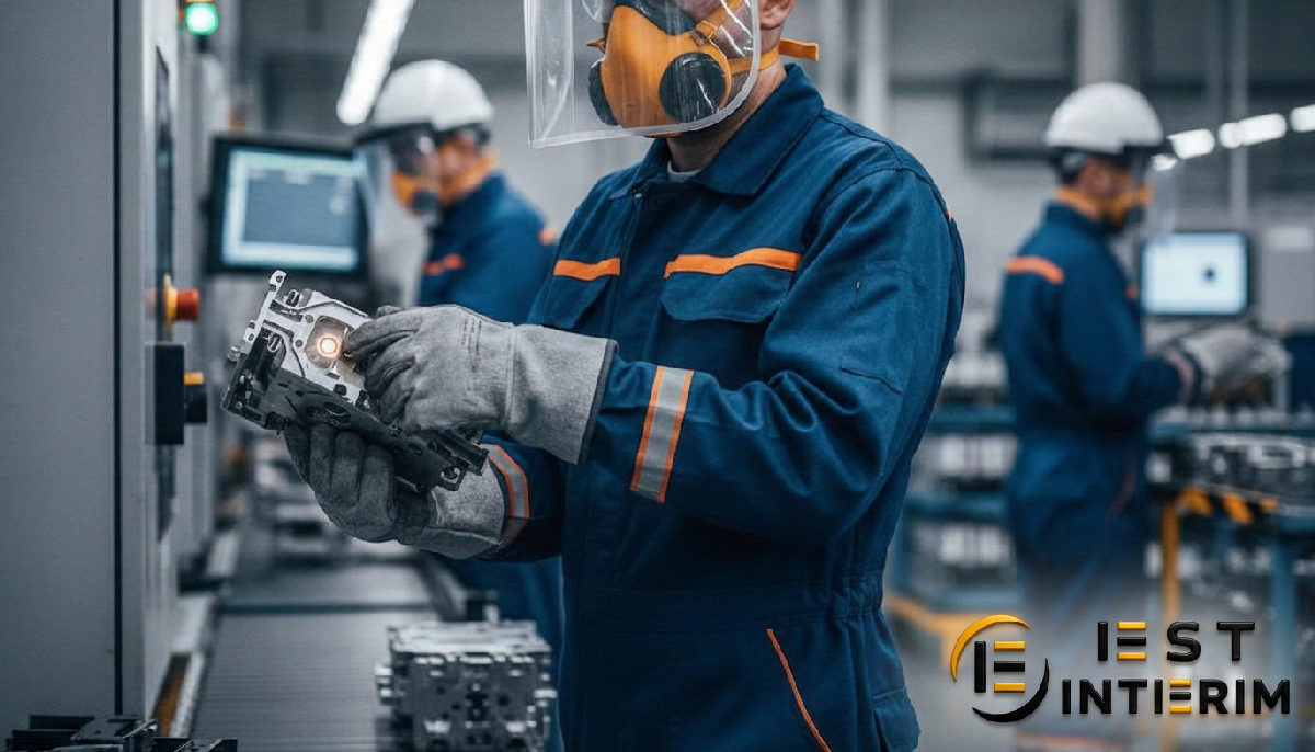 Un ouvrier en EPI inspectant un composant sur une chaîne de montage.