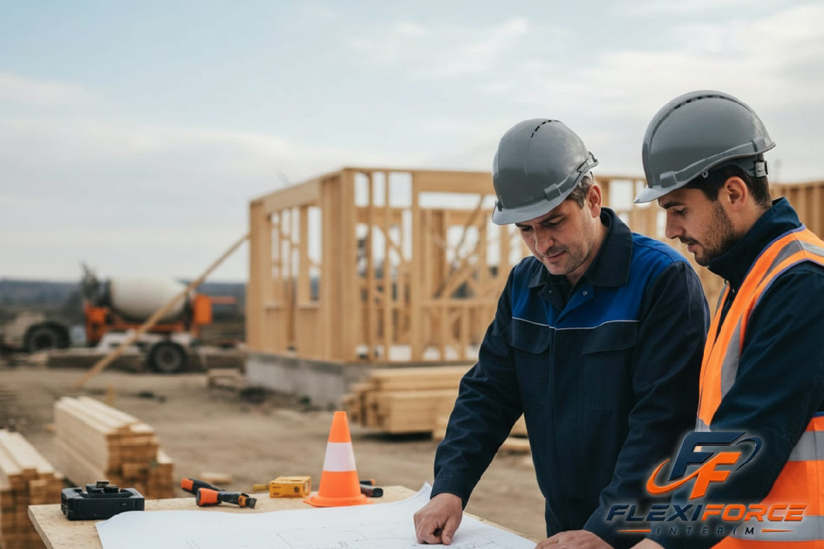 Chef de chantier français expliquant un plan à un ouvrier roumain.