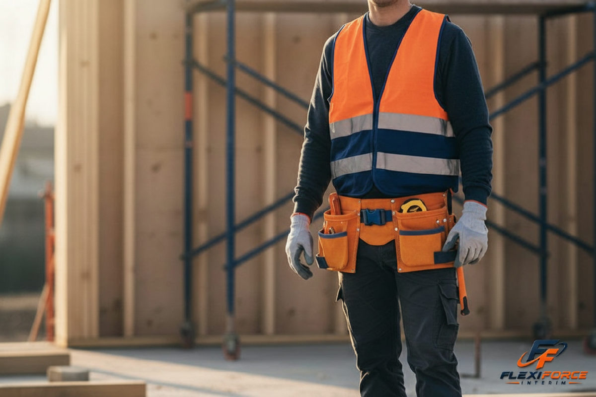 Ouvrier menuisier roumain portant ses EPI sur un chantier.