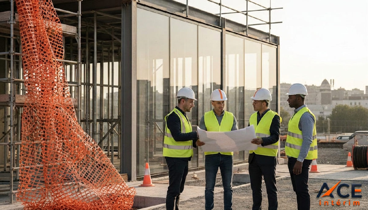 détachement personnel international pénuries - Chantier de construction en France, ouvriers qualifiés au travail.